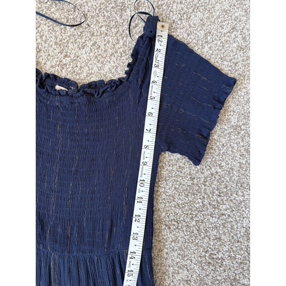 Mi Ami Navy Romantic Parisian Gold Metallic Pinstripe Smocked High Low Maxi‎ L - Picture 7 of 10